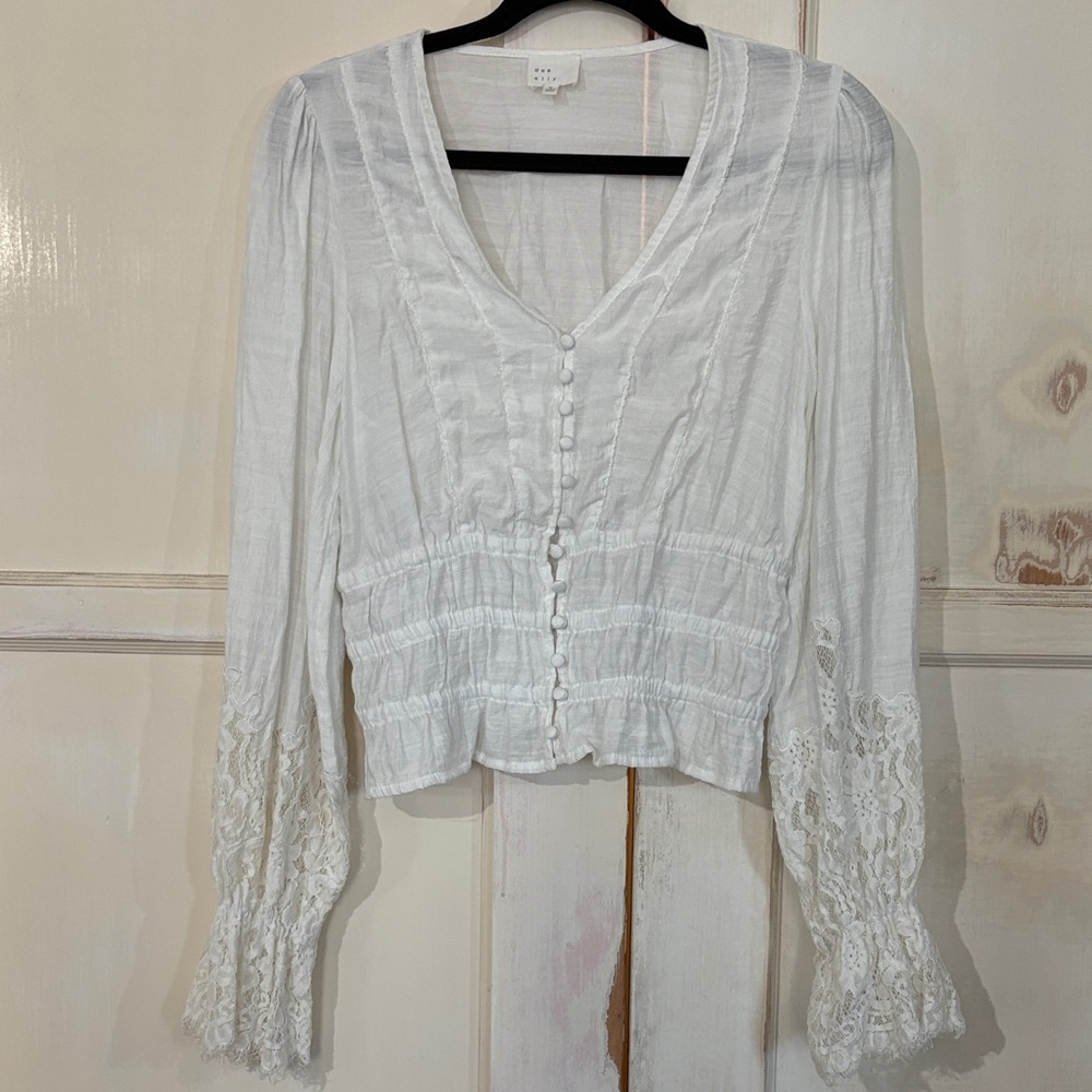 White Women's Button-Front Lace Sleeve Top